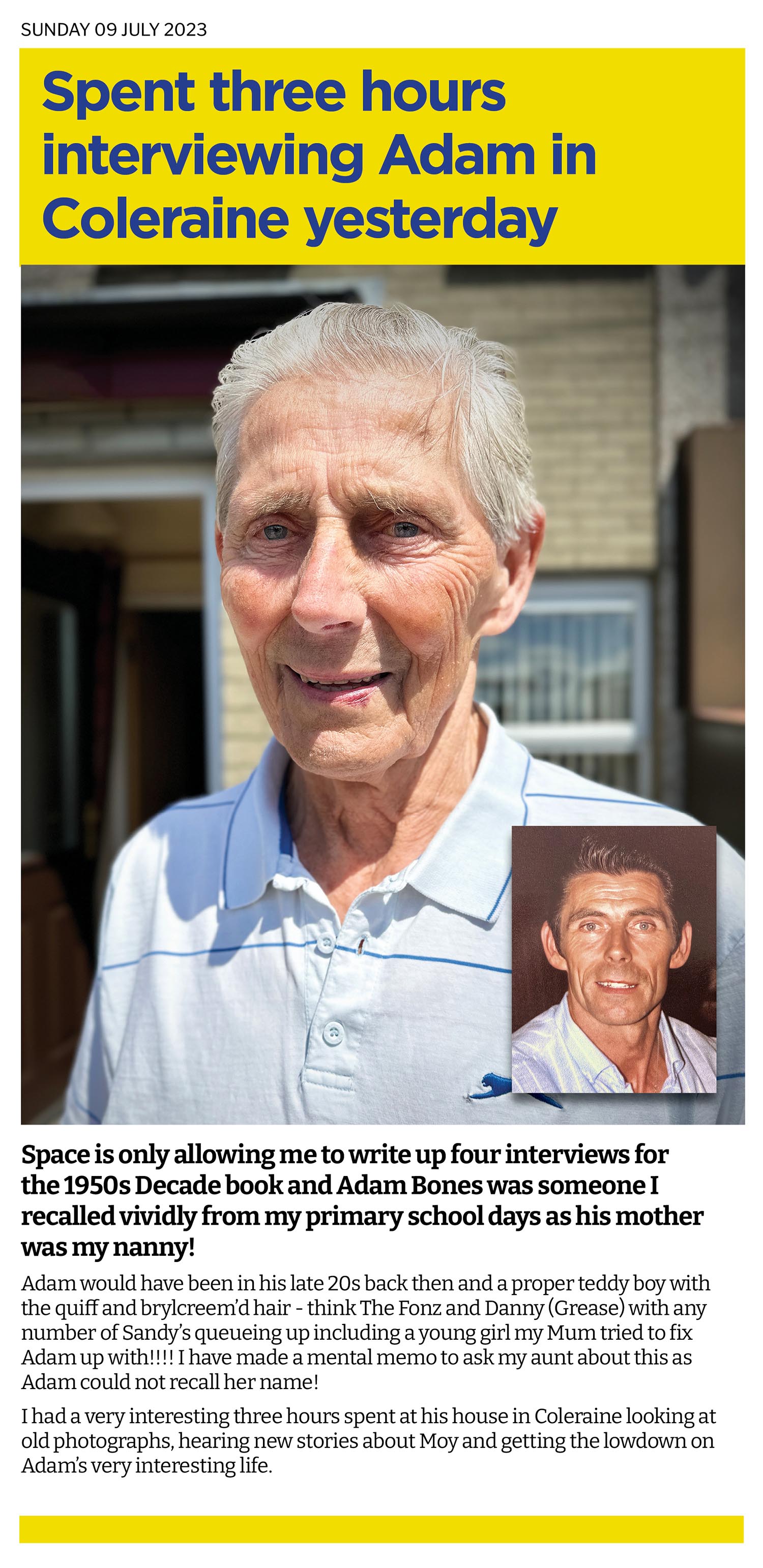 Photo of Adam back in the 1960s when he used to live in Moy and another of him in 2023 in Coleraine. 