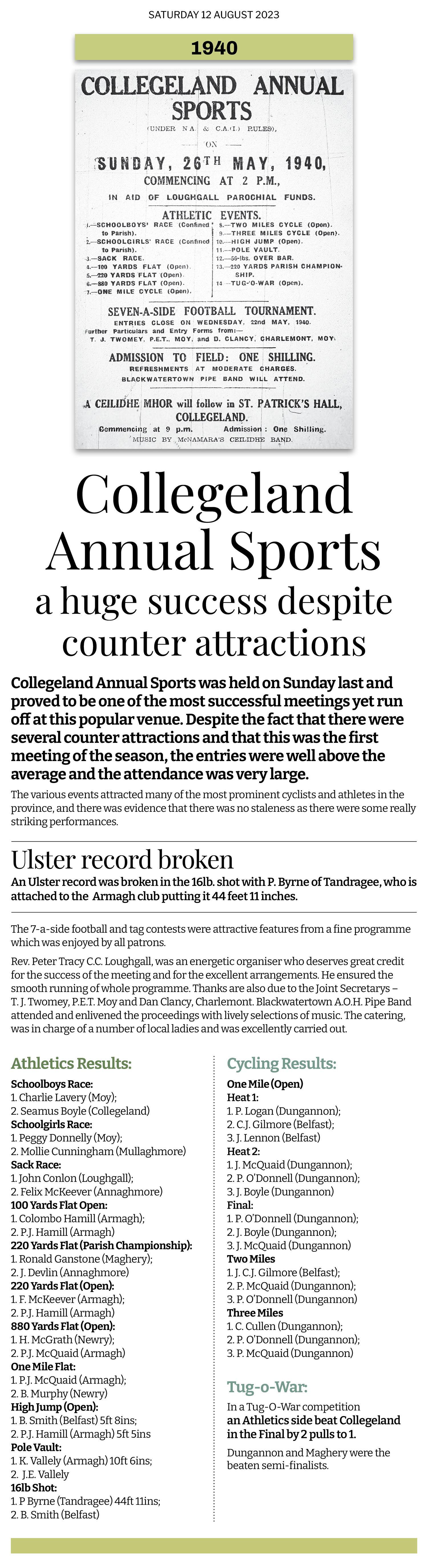 Collegeland held their Annual Sports on Sunday 26th May 1940. A case of 'life goes on as normal' despite the war gripping the nation. Each village in those days appeared to have their own sporty Summer Sunday with money raised going to the parochial funds. A ceili would usually follow in the evening.  